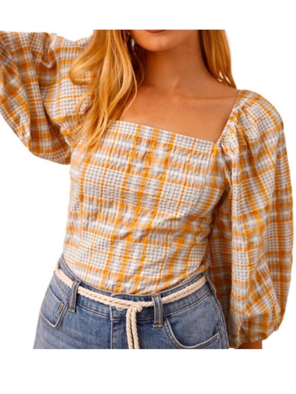 Like New Anthropologie Maeve Square Neck Puff Sleeve Seersucker Plaid Top Medium
